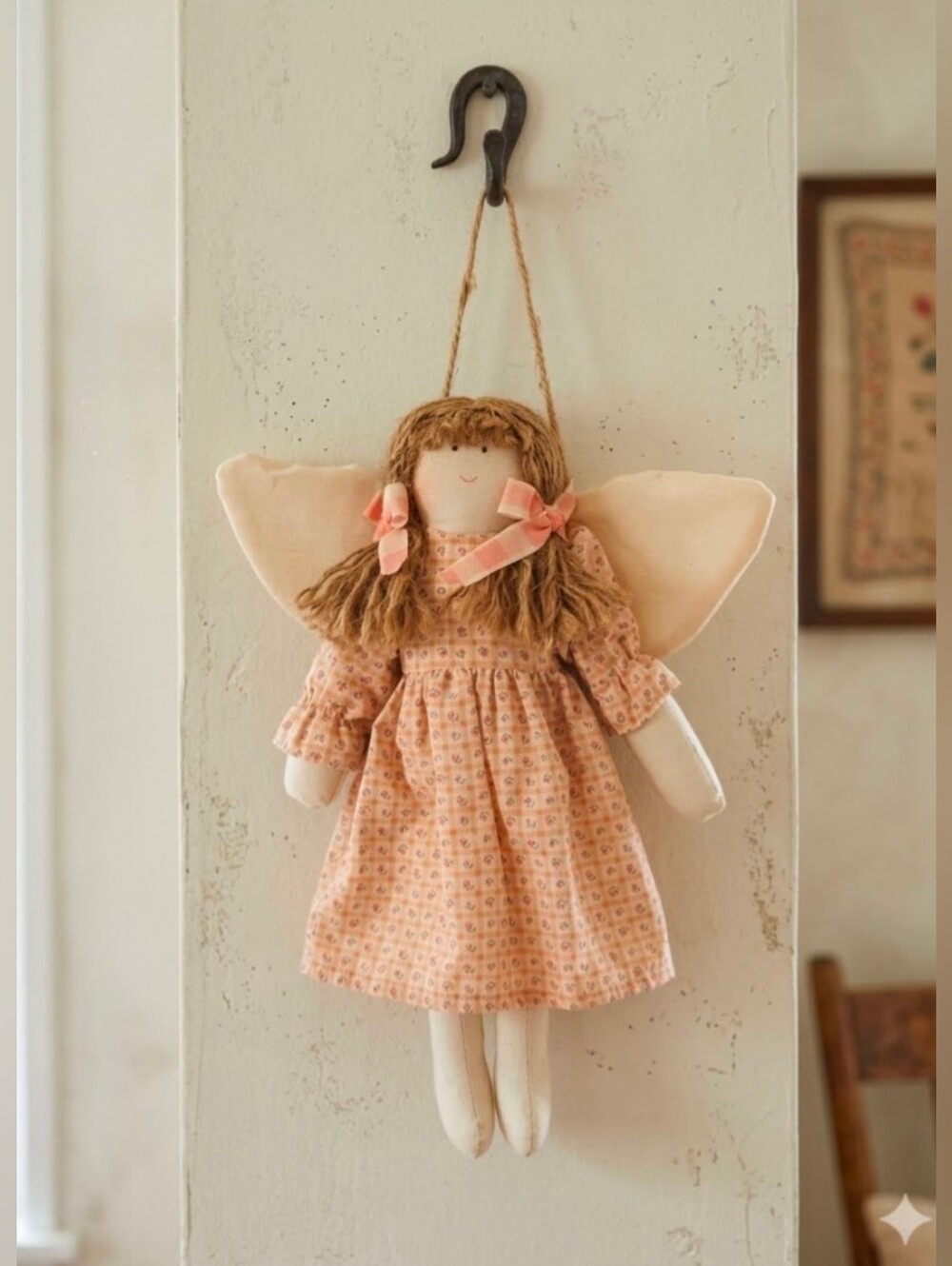Primitive Stuffed Angel Wall Hanging Peachy Pink